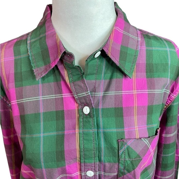 Current Elliott The Ivie Plaid Shirt pink & green Button down size 3 - Picture 10 of 17